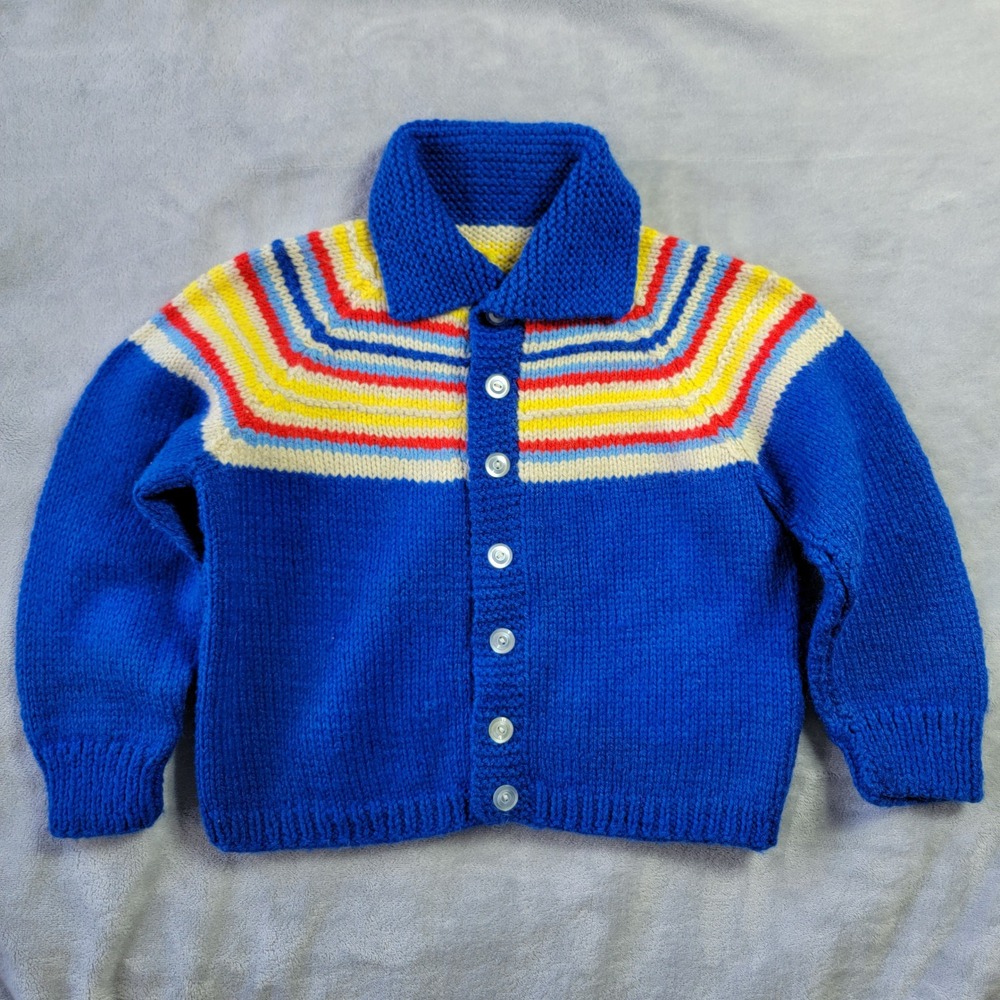Vintage Handmade Kids 4-5 Blue Striped Yoke Knit Cardigan Sweater Primary Colors